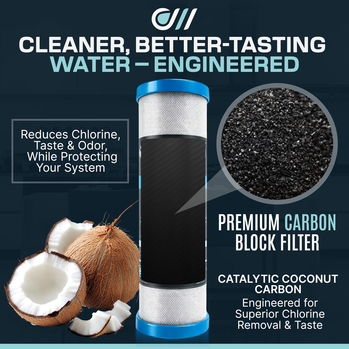 Catalytic coconut carbon block reduces chlorine, taste and odor
