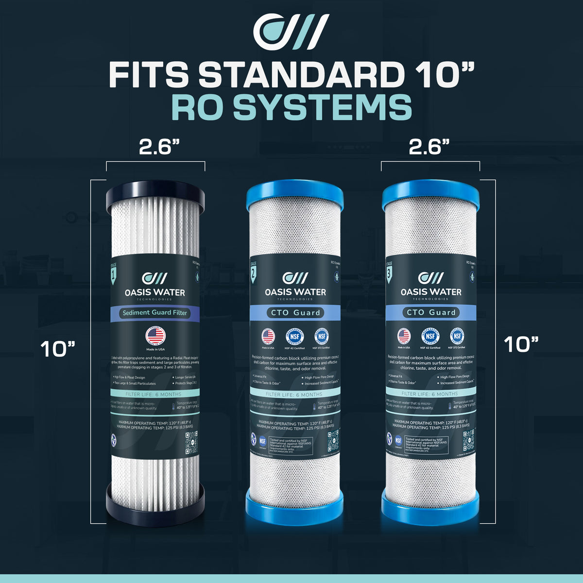 Fits standard 10-inch RO housings, 2.6 inch diameter filters