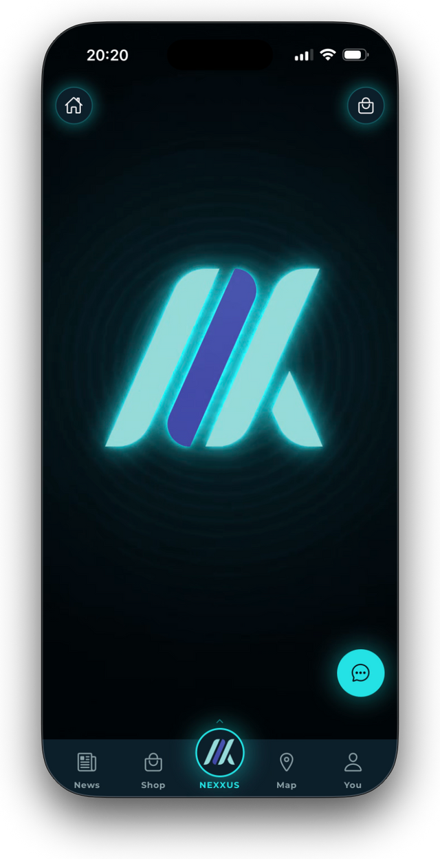 The Nexxus app home screen on a phone, showing the illuminated Nexxus mark on a dark background.