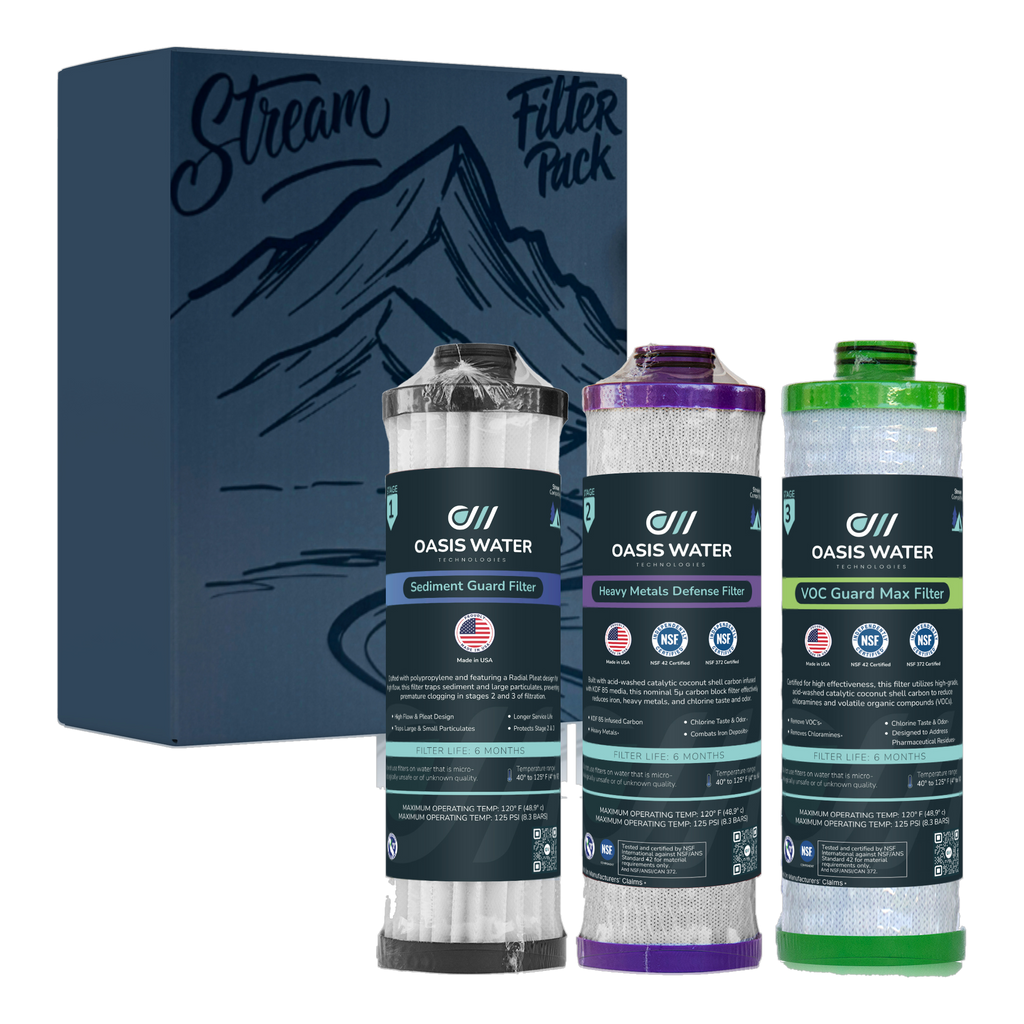 Oasis Water Technologies Stream Filter Pack box with the Sediment Guard, Heavy Metals Defense and VOC Guard Max cartridges