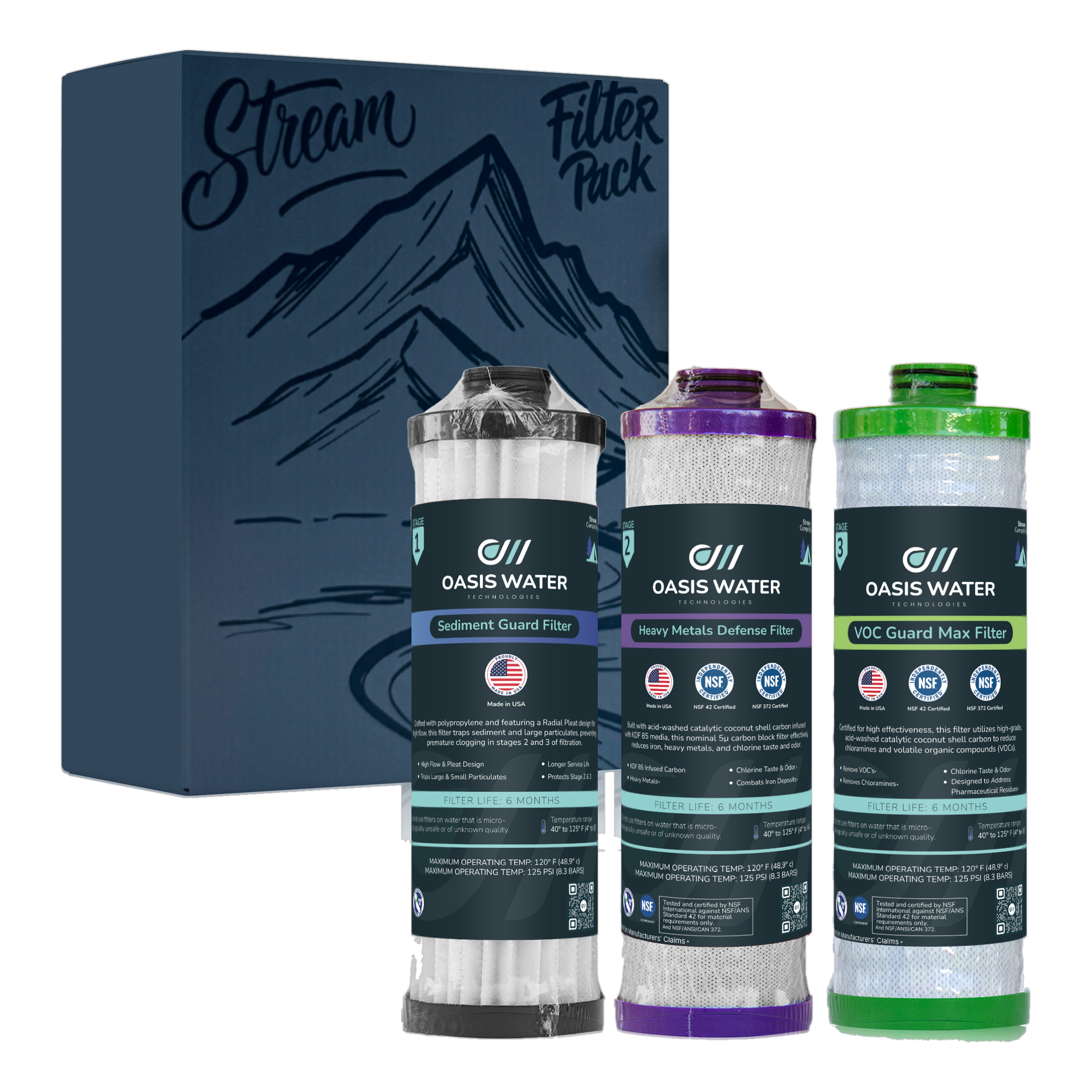 Oasis Water Technologies Stream Filter Pack box with the Sediment Guard, Heavy Metals Defense and VOC Guard Max cartridges