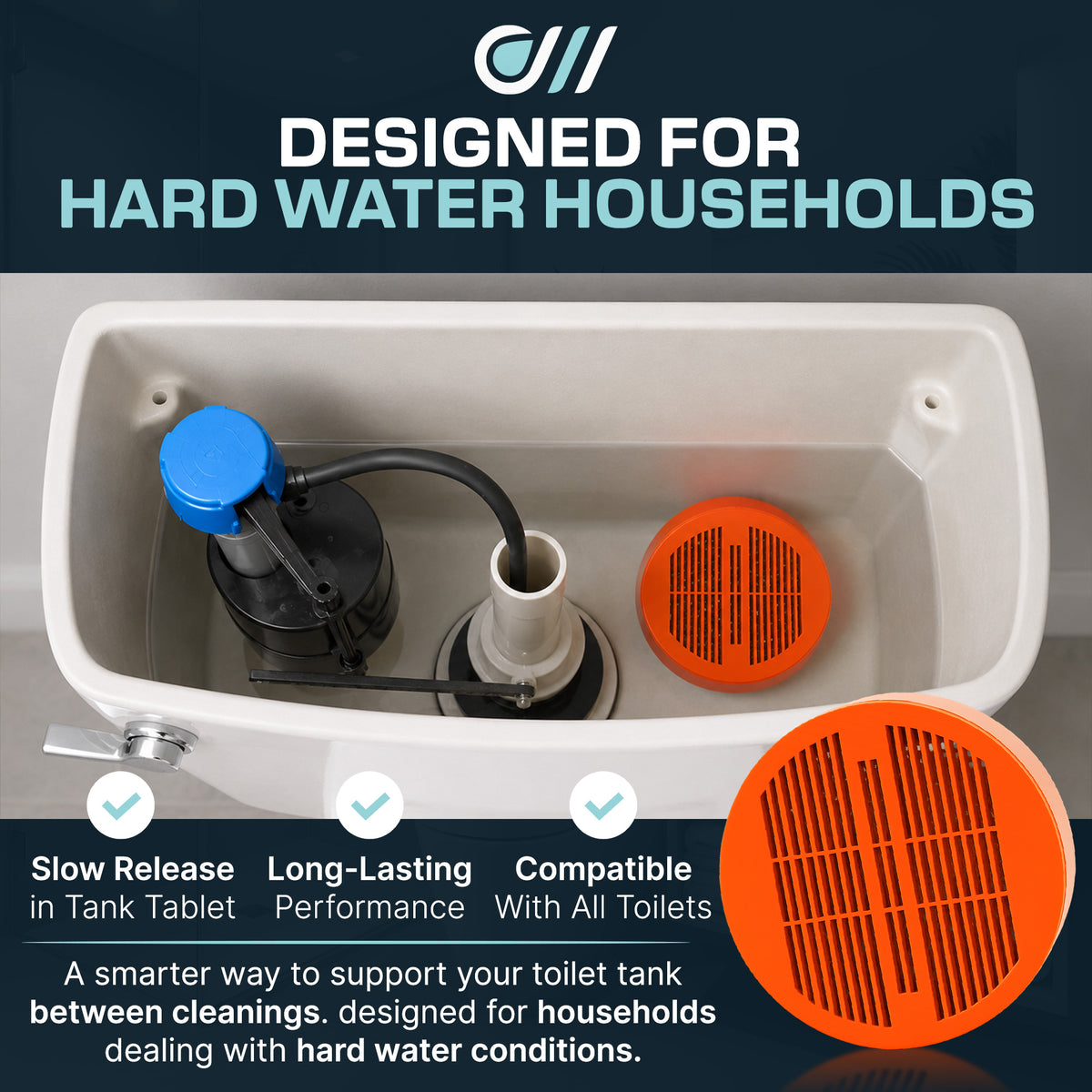Toilet Guard tablet in toilet tank, designed for hard water households